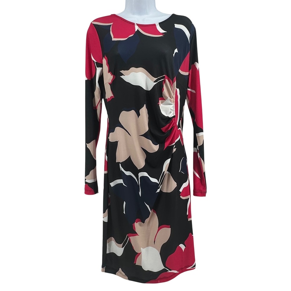 Venus Sheath Ruched Dress Women Size M Multi Color Floral Long Sleeve Career